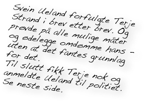Svein Ueland forfulgte Terje Strand i brev etter brev. Og prøvde på alle mulige måter og ødelegge omdømme hans - uten at det fantes grunnlag for det.
Til slutt fikk Terje nok og anmeldte Ueland til politiet. 
Se neste side.
